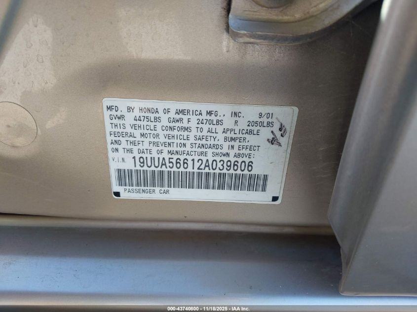 2002 Acura Tl 3.2 VIN: 19UUA56612A039606 Lot: 43740800