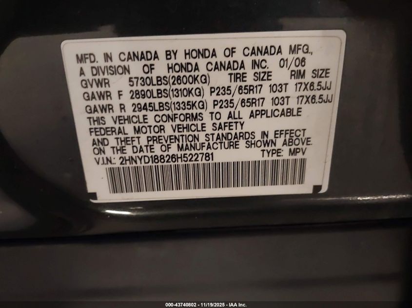 2006 Acura Mdx VIN: 2HNYD18826H522781 Lot: 43740802