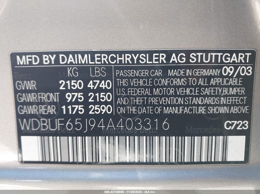 2004 Mercedes-Benz E 320 VIN: WDBUF65J94A403316 Lot: 43740806