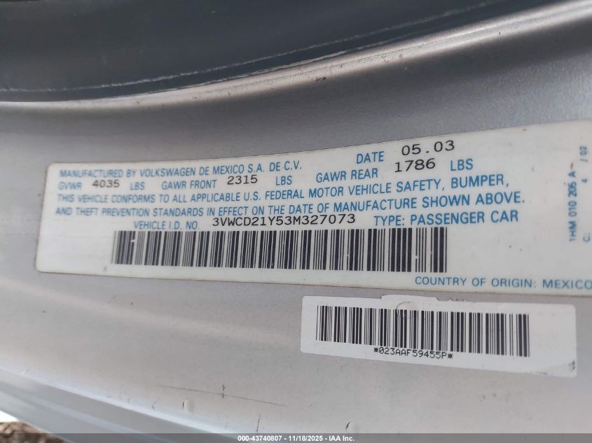 2003 Volkswagen New Beetle Gls 1.8T VIN: 3VWCD21Y53M327073 Lot: 43740807