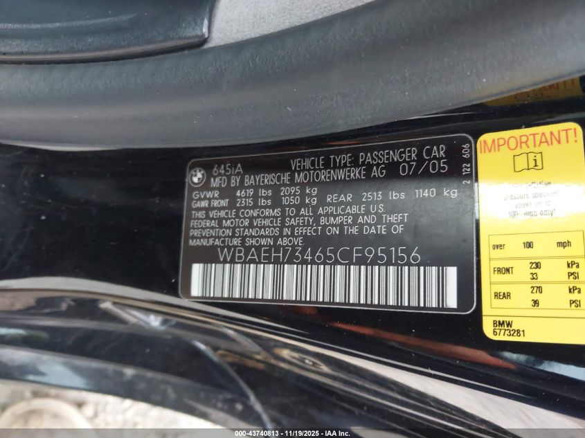 2005 BMW 645Ci VIN: WBAEH73465CF95156 Lot: 43740813