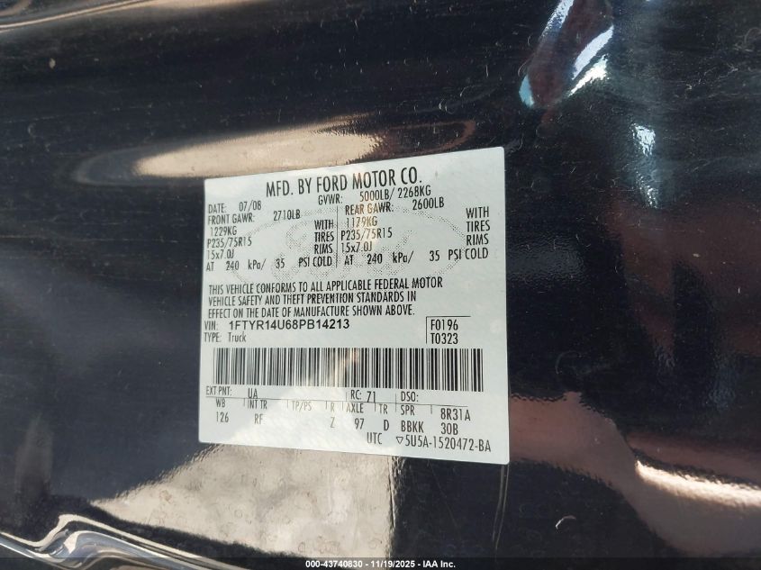 2008 Ford Ranger Sport/Xl/Xlt VIN: 1FTYR14U68PB14213 Lot: 43740830