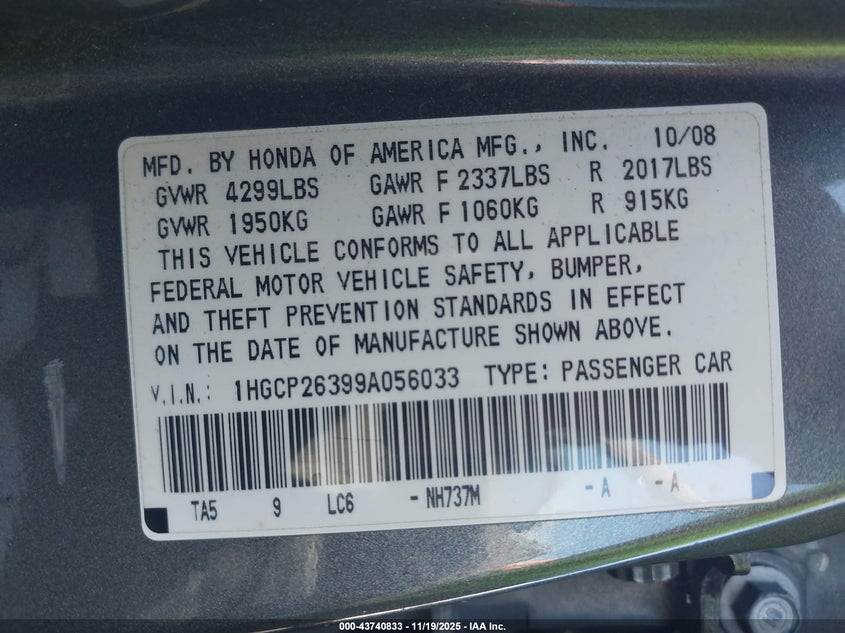1HGCP26399A056033 2009 HONDA ACCORD photo no. 9