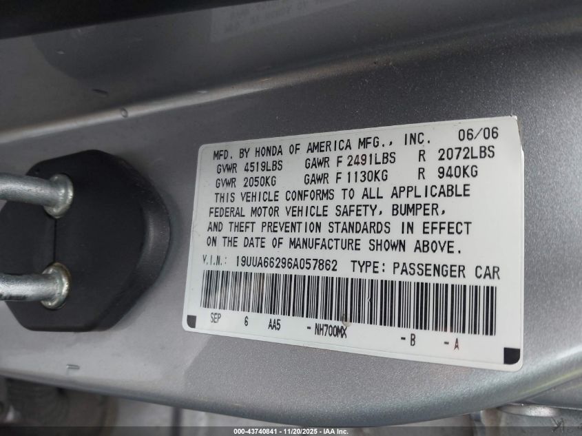 2006 Acura Tl VIN: 19UUA66296A057862 Lot: 43740841