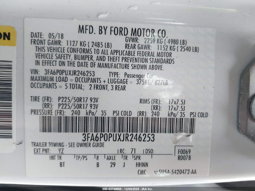2018 Ford Fusion Energi Se Luxury VIN: 3FA6P0PUXJR246253 Lot: 43740869