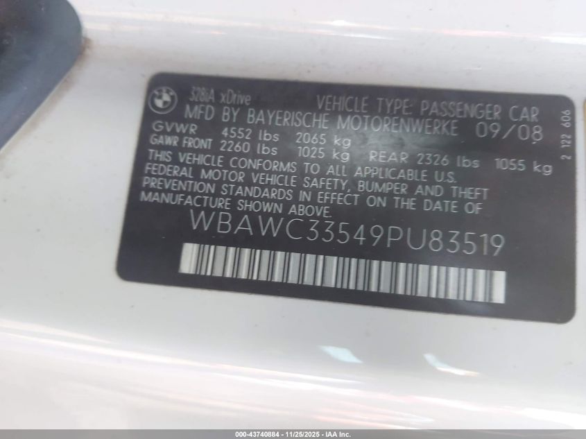 2009 BMW 328I xDrive VIN: WBAWC33549PU83519 Lot: 43740884