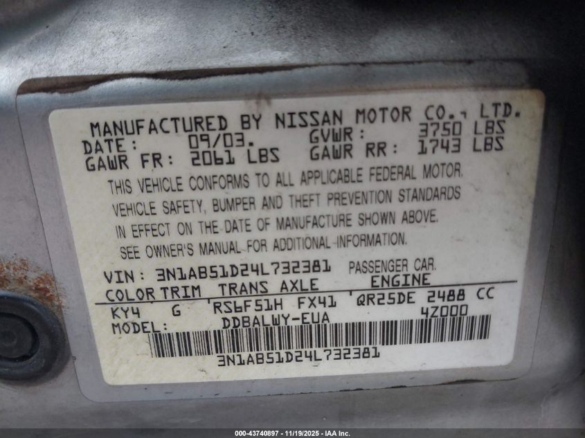 2004 Nissan Sentra Se-R Spec V VIN: 3N1AB51D24L732381 Lot: 43740897