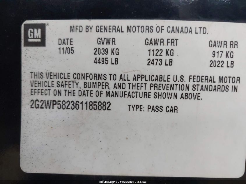 2006 Pontiac Grand Prix VIN: 2G2WP582361185882 Lot: 43740912