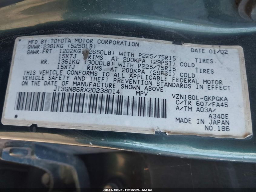 2002 Toyota 4Runner Sr5 V6 VIN: JT3GN86RX20238014 Lot: 43740922