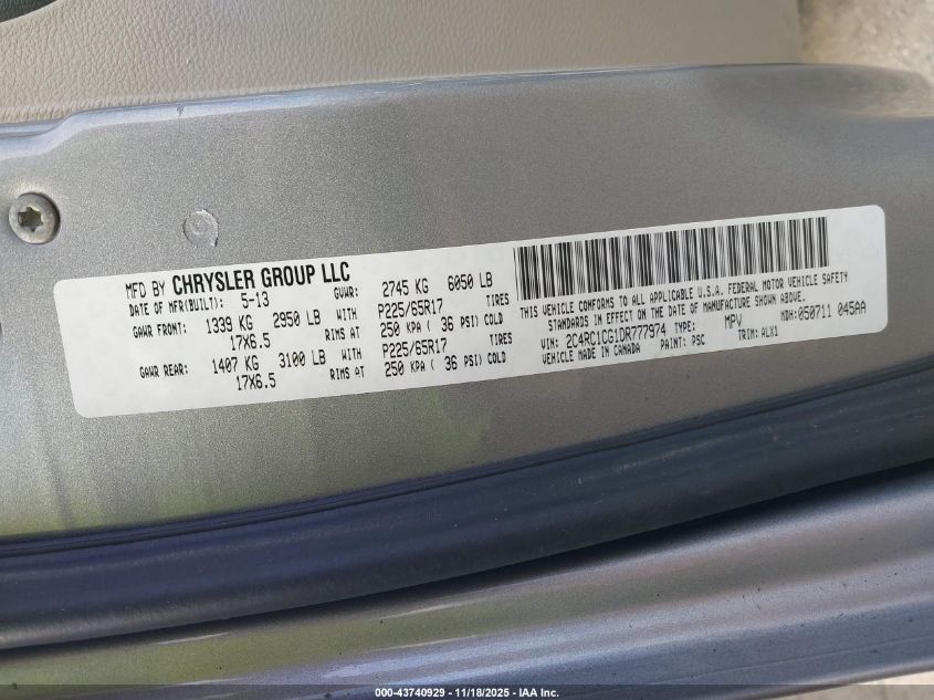 2013 Chrysler Town & Country Touring-L VIN: 2C4RC1CG1DR777974 Lot: 43740929