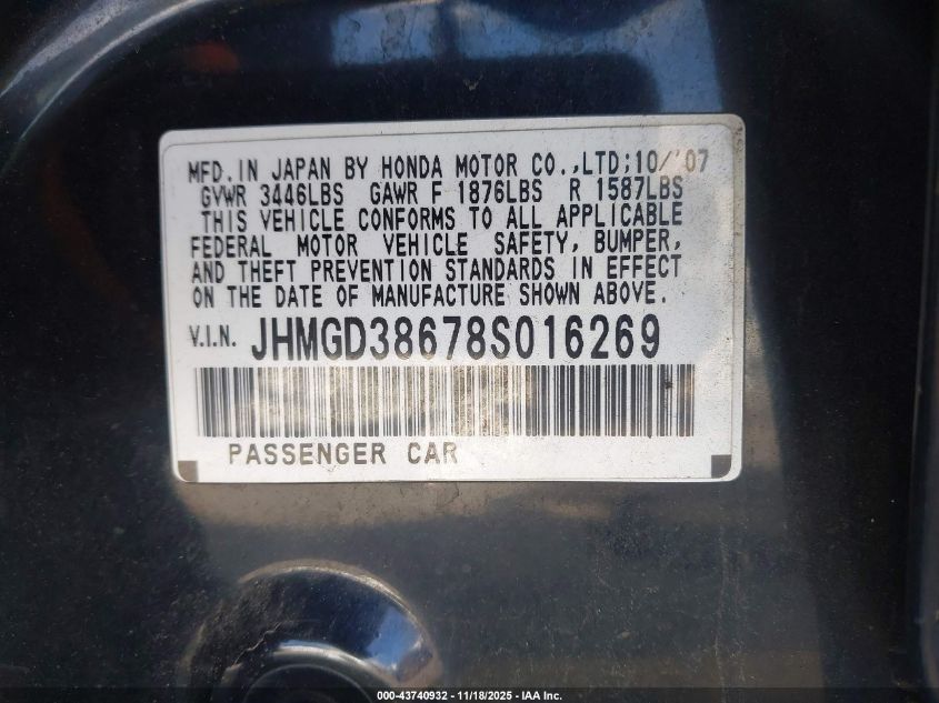 2008 Honda Fit Sport VIN: JHMGD38678S016269 Lot: 43740932