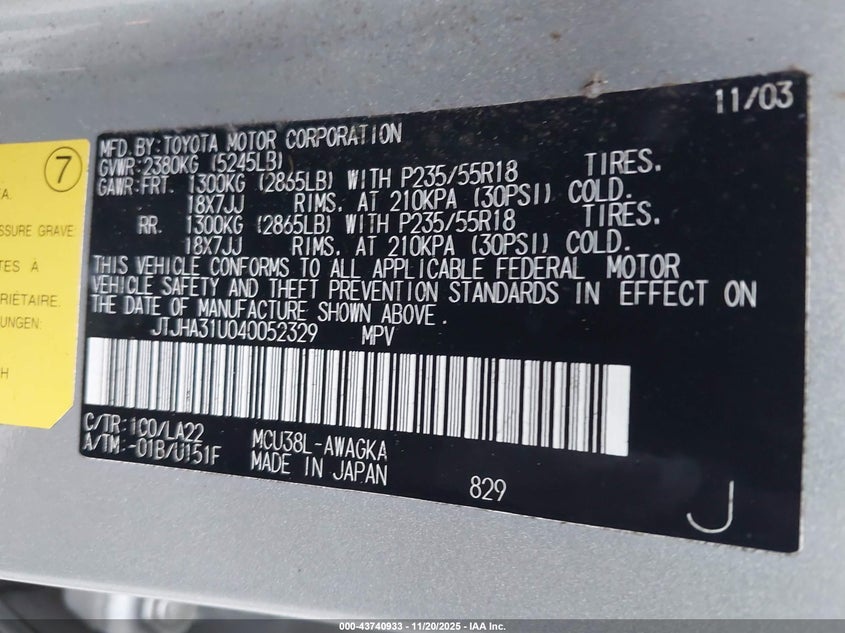 2004 Lexus Rx 330 VIN: JTJHA31U040052329 Lot: 43740933