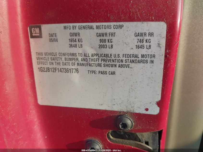 2004 Pontiac Sunfire VIN: 1G2JB12F147361776 Lot: 43740941