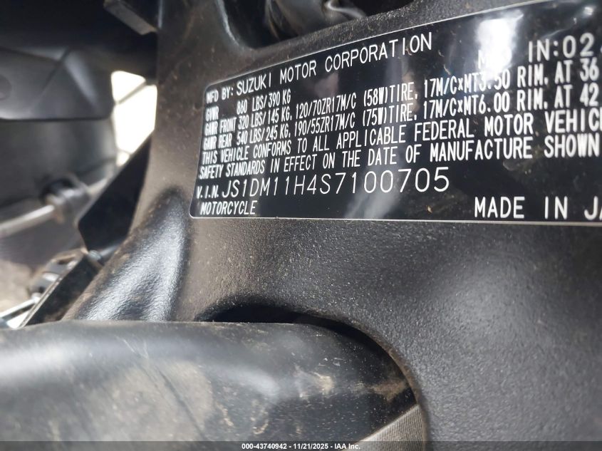 2025 Suzuki Gsx-R1000 R VIN: JS1DM11H4S7100705 Lot: 43740942