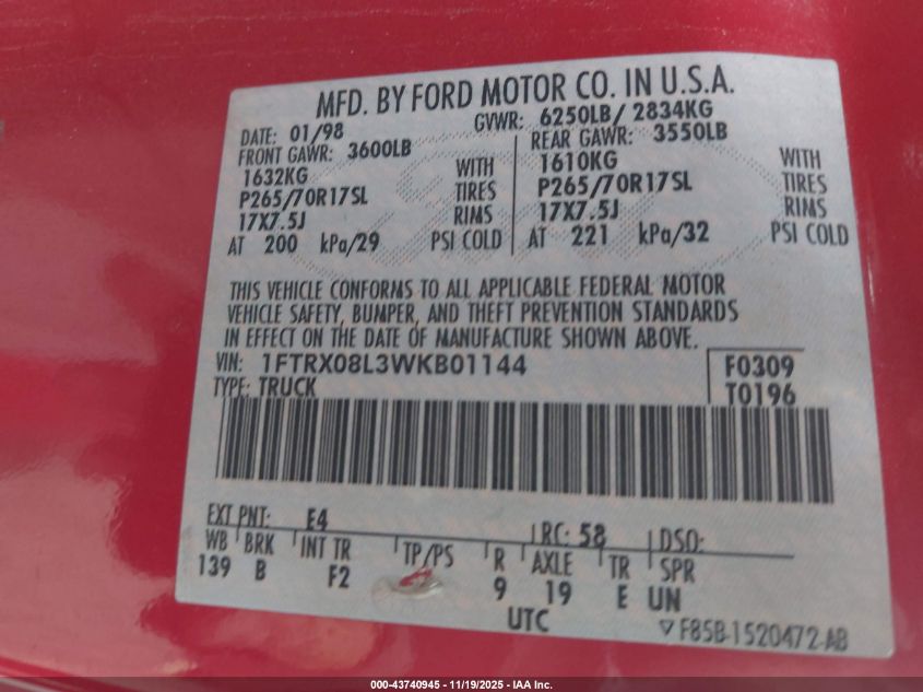 1998 Ford F-150 Lariat/Xl/Xlt VIN: 1FTRX08L3WKB01144 Lot: 43740945