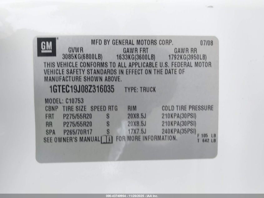 2008 GMC Sierra 1500 Sle1 VIN: 1GTEC19J08Z316035 Lot: 43740954