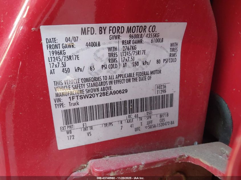 2008 Ford F-250 King Ranch/Lariat/Xl/Xlt VIN: 1FTSW20Y28EA90629 Lot: 43740960