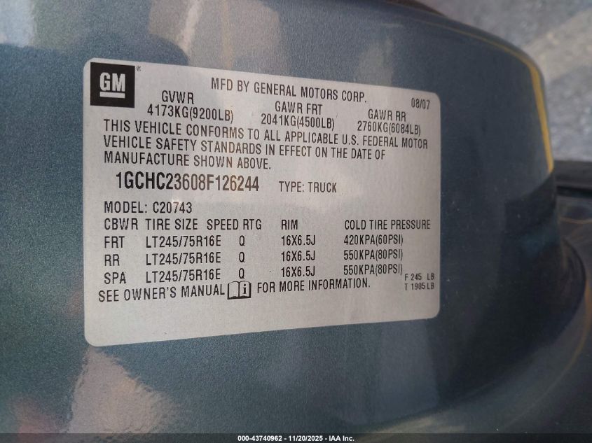 2008 Chevrolet Silverado 2500Hd Lt2 VIN: 1GCHC23608F126244 Lot: 43740962