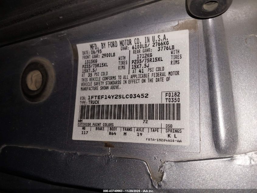 1995 Ford F150 VIN: 1FTEF14Y2SLC03452 Lot: 43740963