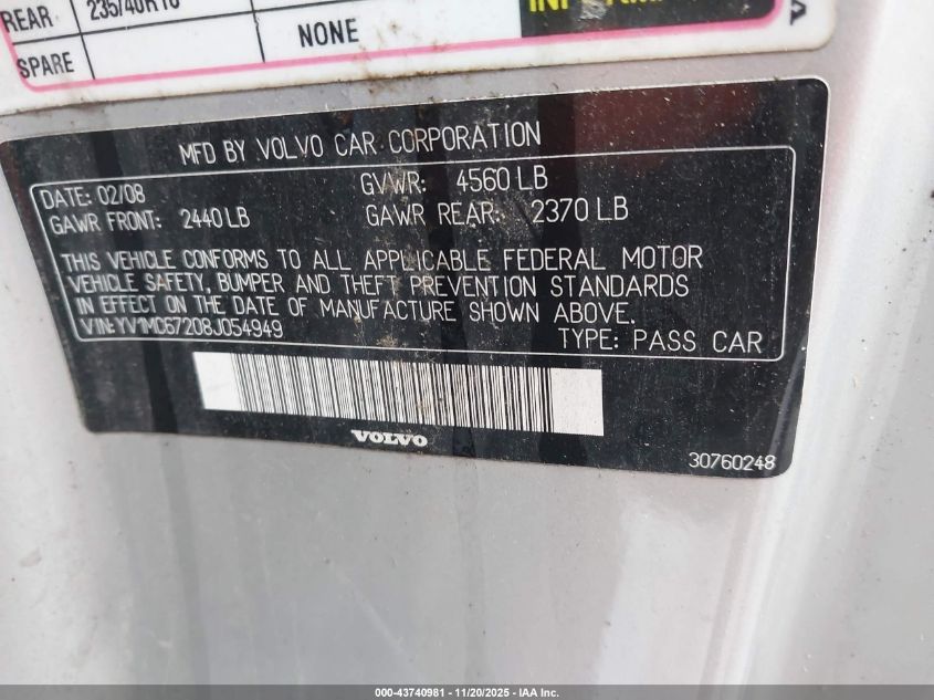 2008 Volvo C70 T5/T5 M VIN: YV1MC67208J054949 Lot: 43740981