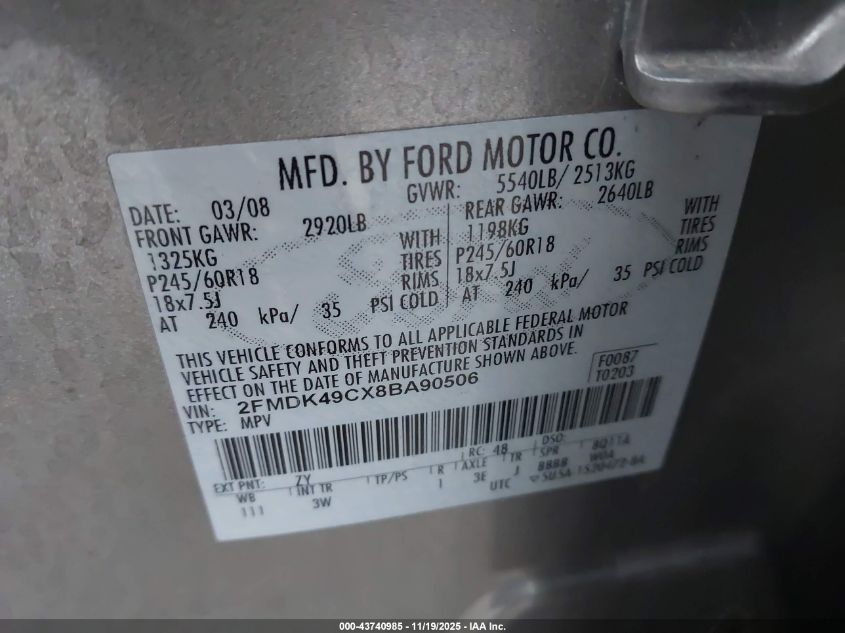 2008 Ford Edge Limited VIN: 2FMDK49CX8BA90506 Lot: 43740985