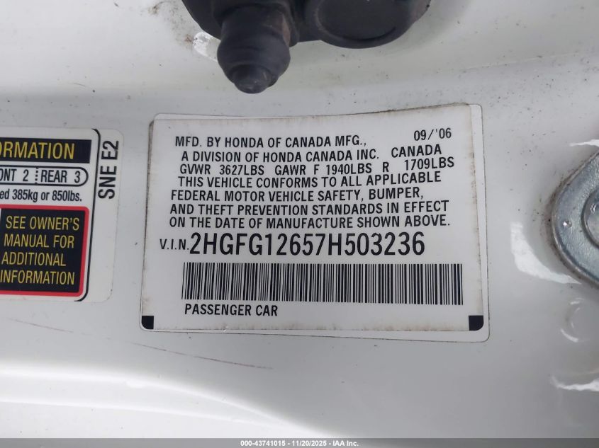 2007 Honda Civic Lx VIN: 2HGFG12657H503236 Lot: 43741015