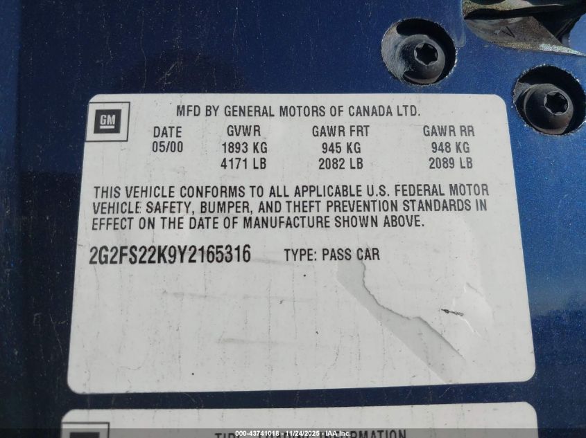 2000 Pontiac Firebird VIN: 2G2FS22K9Y2165316 Lot: 43741018
