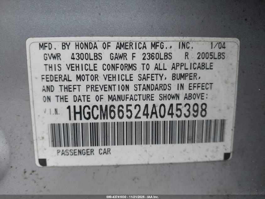 2004 Honda Accord 3.0 Ex VIN: 1HGCM66524A045398 Lot: 43741030