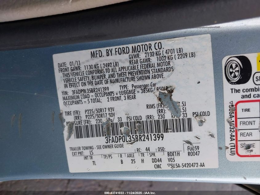 2011 Ford Fusion Hybrid VIN: 3FADP0L35BR241399 Lot: 43741033