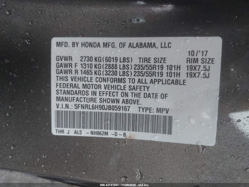 2018 Honda Odyssey Elite VIN: 5FNRL6H90JB059167 Lot: 43741041