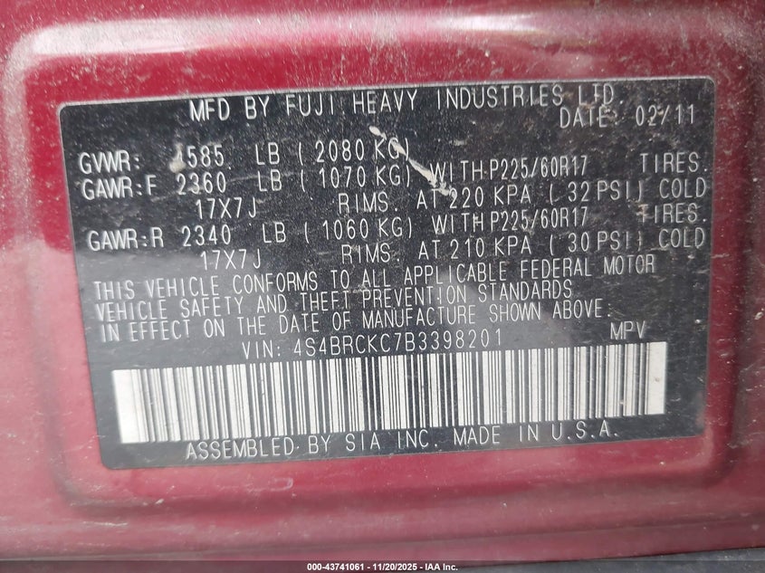 4S4BRCKC7B3398201 2011 SUBARU OUTBACK photo no. 9