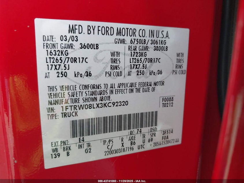 1FTRW08LX3KC92320 2003 FORD F-150 photo no. 9