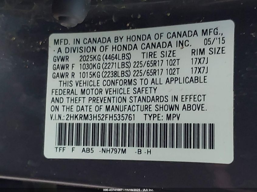 2015 Honda Cr-V Ex VIN: 2HKRM3H52FH535761 Lot: 43741087