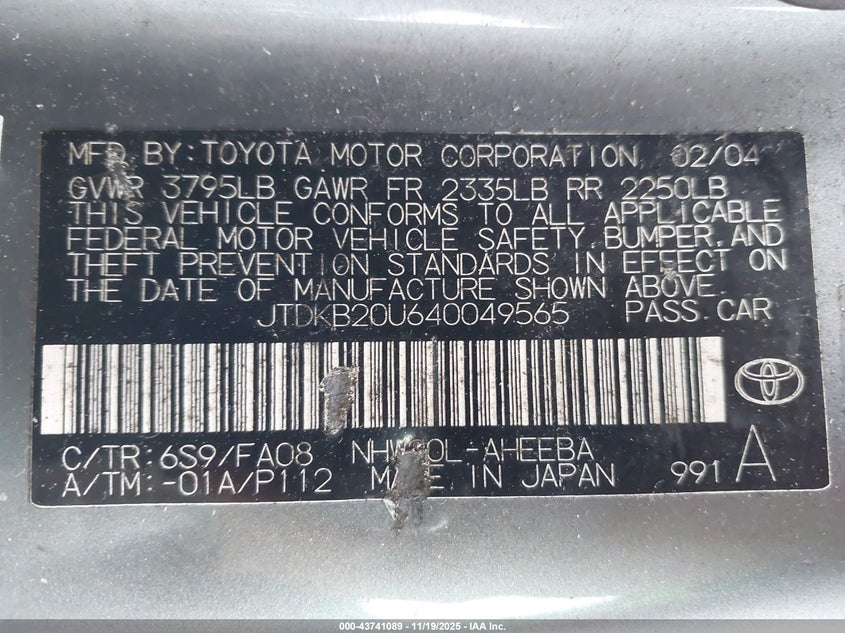 JTDKB20U640049565 2004 TOYOTA PRIUS photo no. 9