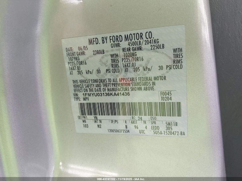 2006 Ford Escape Xlt/Xlt Sport VIN: 1FMYU03136KA41436 Lot: 43741102