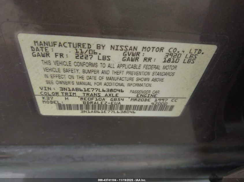 2007 Nissan Sentra 2.0S VIN: 3N1AB61E77L638046 Lot: 43741104