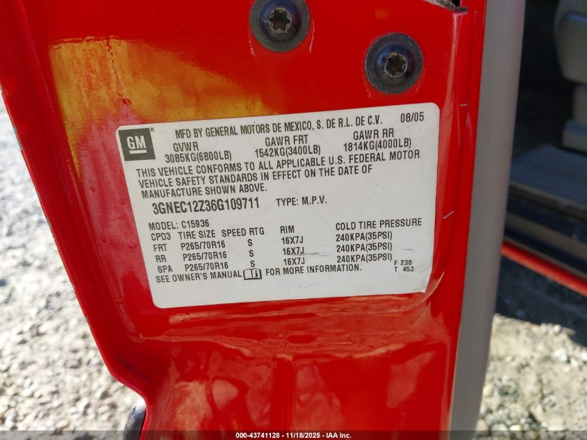 2006 Chevrolet Avalanche 1500 Ls VIN: 3GNEC12Z36G109711 Lot: 43741128