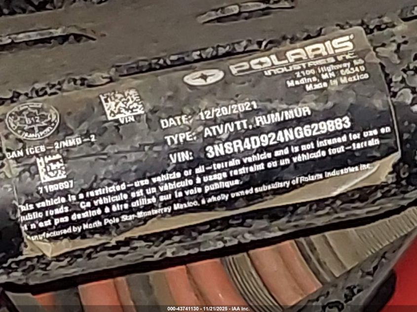 2022 Polaris Rzr Pro Xp 4 Ultimate VIN: 3NSR4D924NG629883 Lot: 43741130