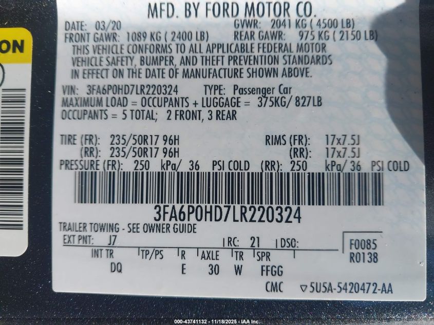 2020 Ford Fusion Se VIN: 3FA6P0HD7LR220324 Lot: 43741132