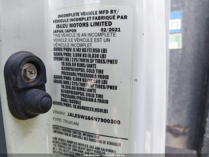 2022 Isuzu Nqr VIN: JALE5W164N7900300 Lot: 43741146