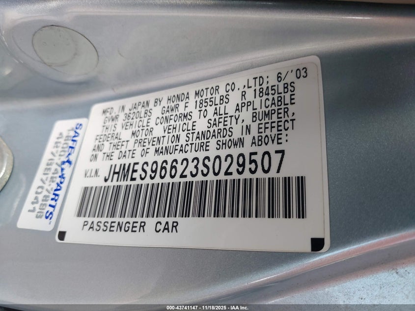 2003 Honda Civic Hybrid VIN: JHMES96623S029507 Lot: 43741147
