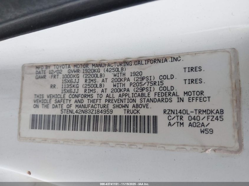 2003 Toyota Tacoma VIN: 5TENL42N83Z184959 Lot: 43741151