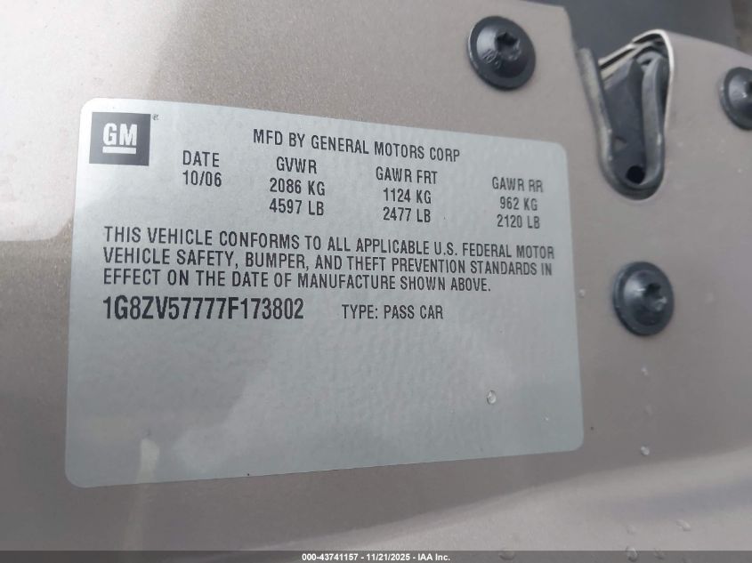 2007 Saturn Aura Xr VIN: 1G8ZV57777F173802 Lot: 43741157