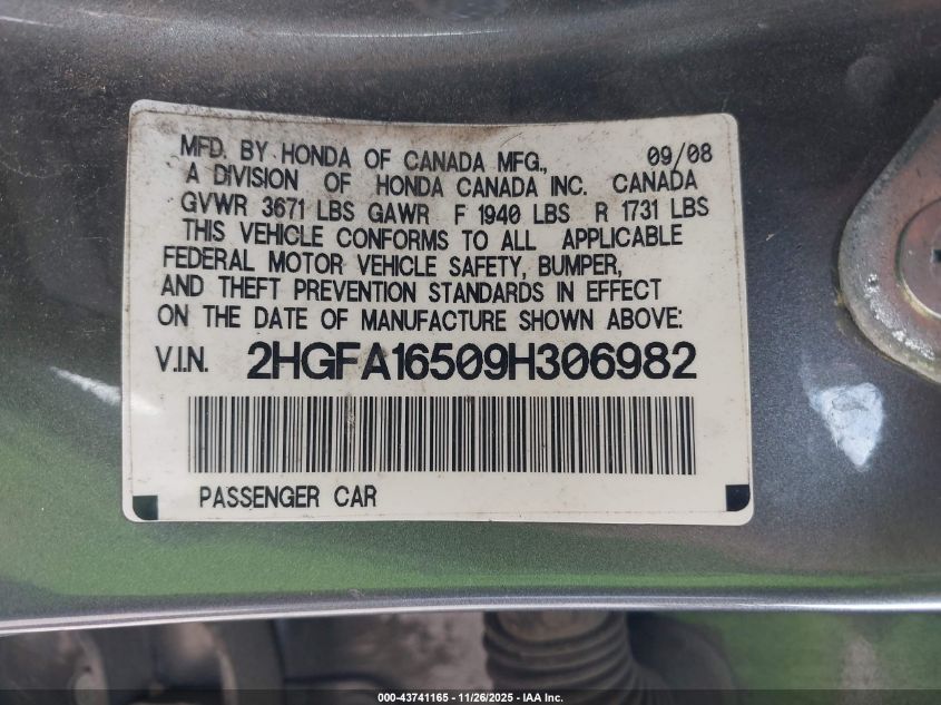 2009 Honda Civic Lx VIN: 2HGFA16509H306982 Lot: 43741165