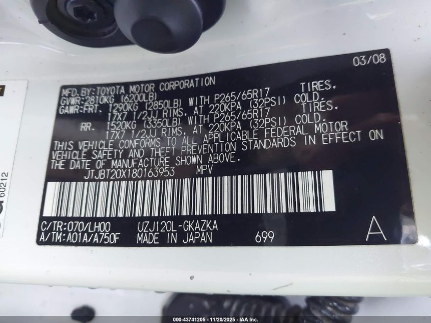 2008 Lexus Gx 470 VIN: JTJBT20X180163953 Lot: 43741205