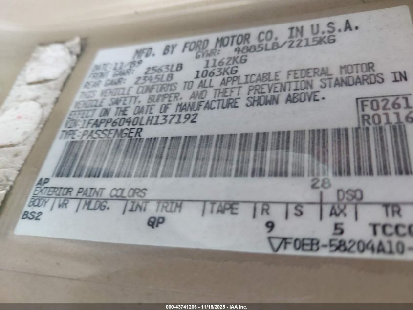 1990 Ford Thunderbird VIN: 1FAPP6040LH137192 Lot: 43741206