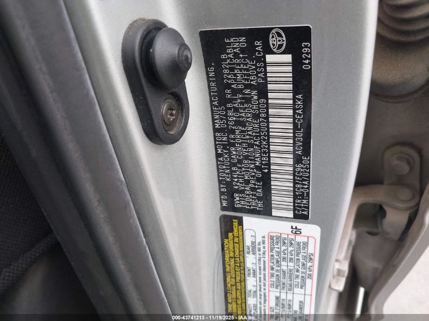 2005 Toyota Camry Se VIN: 4T1BE32K25U078009 Lot: 43741213