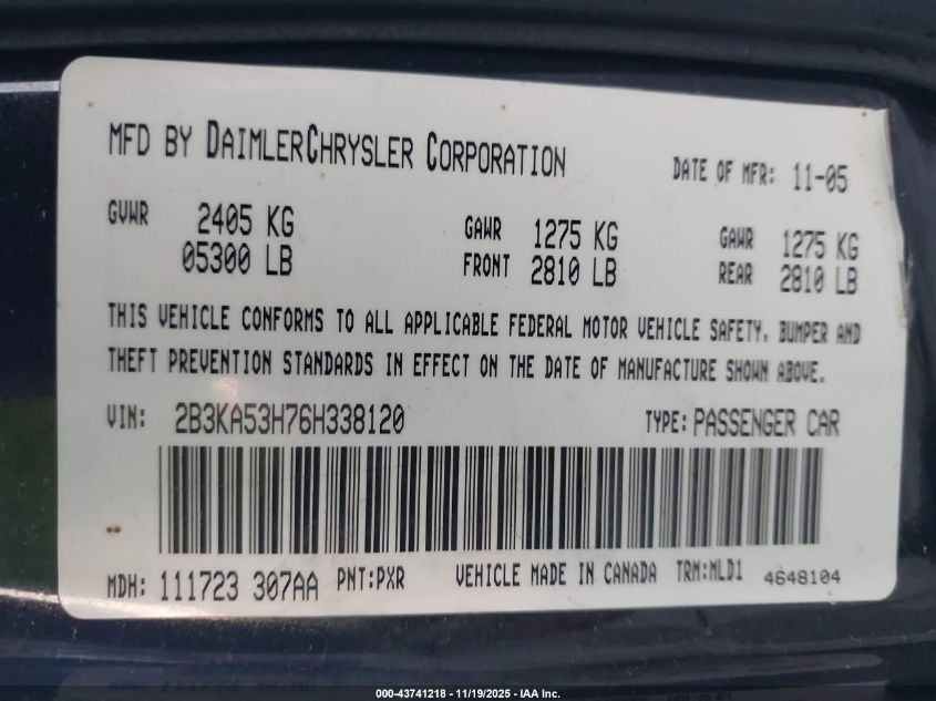 2006 Dodge Charger Rt VIN: 2B3KA53H76H338120 Lot: 43741218