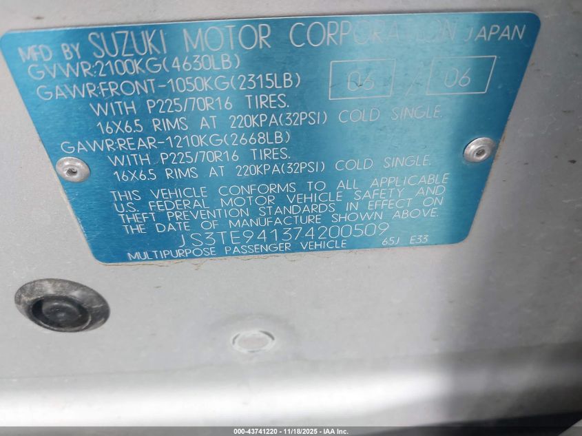 2007 Suzuki Grand Vitara VIN: JS3TE941374200509 Lot: 43741220