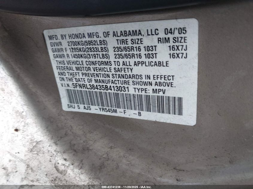 2005 Honda Odyssey Ex VIN: 5FNRL38435B413031 Lot: 43741236